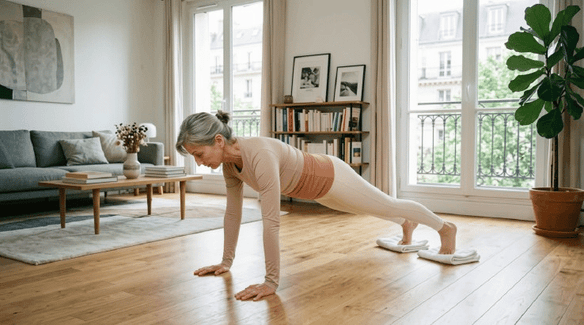 Exercice de pilates au sol avec un torchon qui glisse sur le parquet